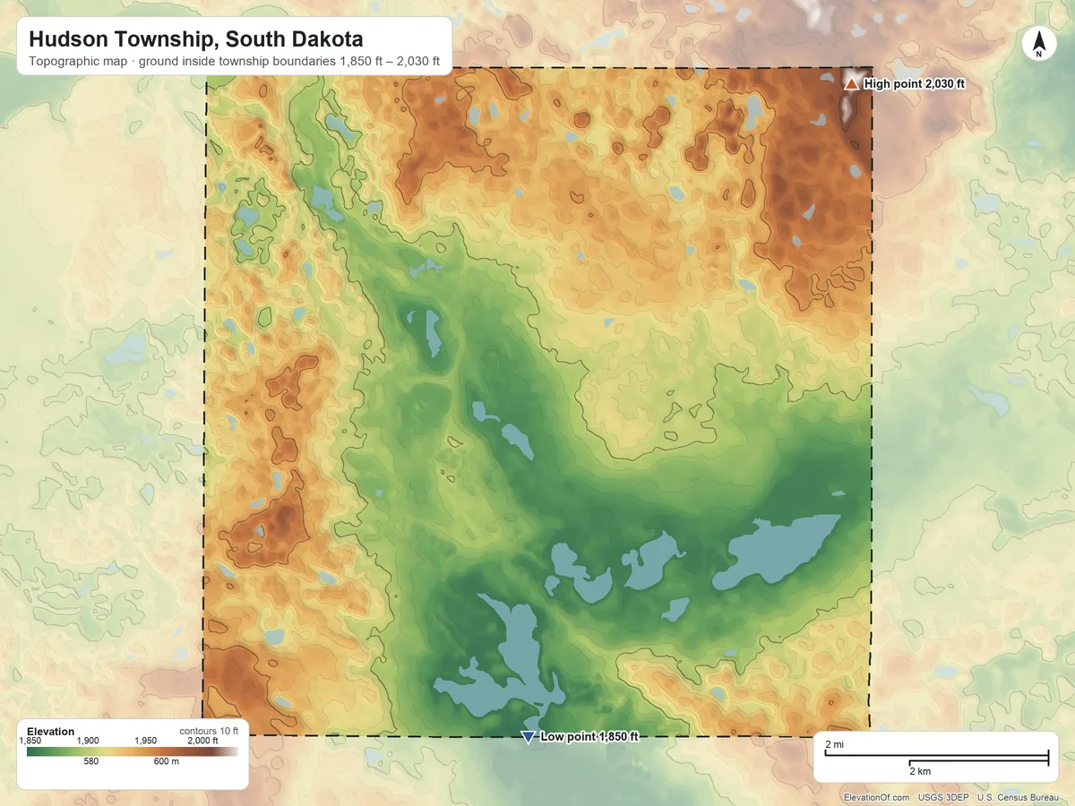 Topographic elevation map of Hudson Township, South Dakota, shaded from 1,850 ft on the south side to 2,030 ft on the northeast side