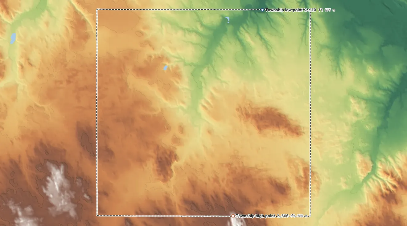 Topographic elevation map of Huggins Township, South Dakota, shaded from 2,210 ft on the northeast side to 2,560 ft on the southeast side