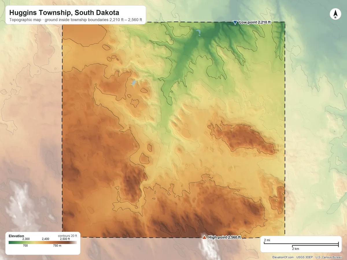 Topographic elevation map of Huggins Township, South Dakota, shaded from 2,210 ft on the northeast side to 2,560 ft on the southeast side
