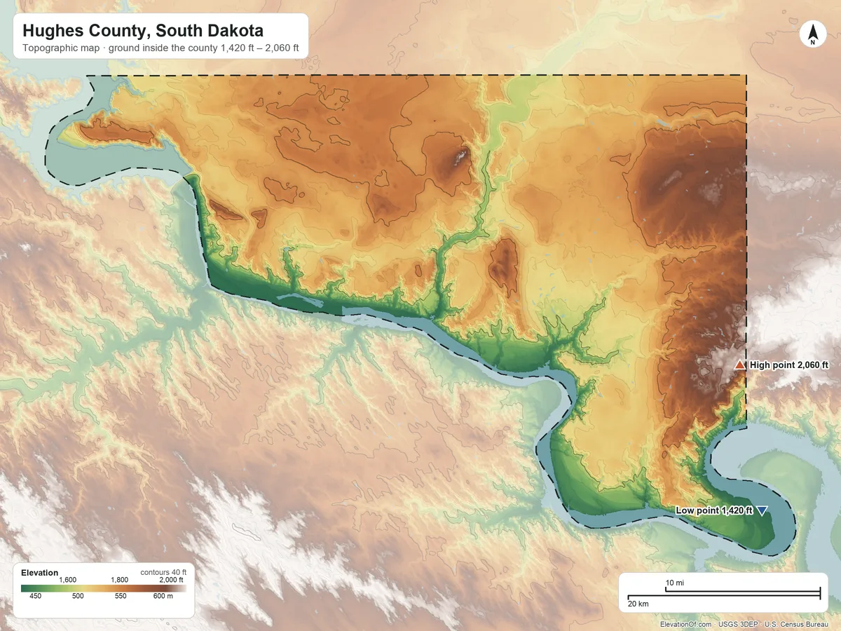 Topographic elevation map of Hughes County, South Dakota, shaded from 1,420 ft on the southeast side to 2,060 ft on the east side
