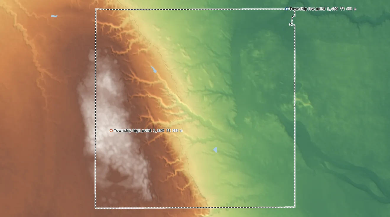 Topographic elevation map of Hulbert Township, South Dakota, shaded from 1,400 ft on the northeast side to 1,890 ft on the west side