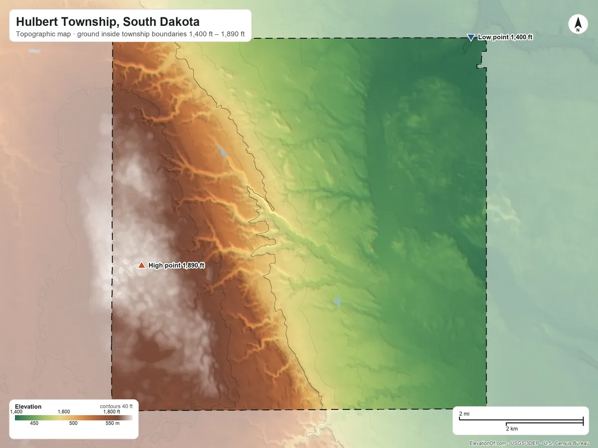 Topographic elevation map of Hulbert Township, South Dakota, shaded from 1,400 ft on the northeast side to 1,890 ft on the west side