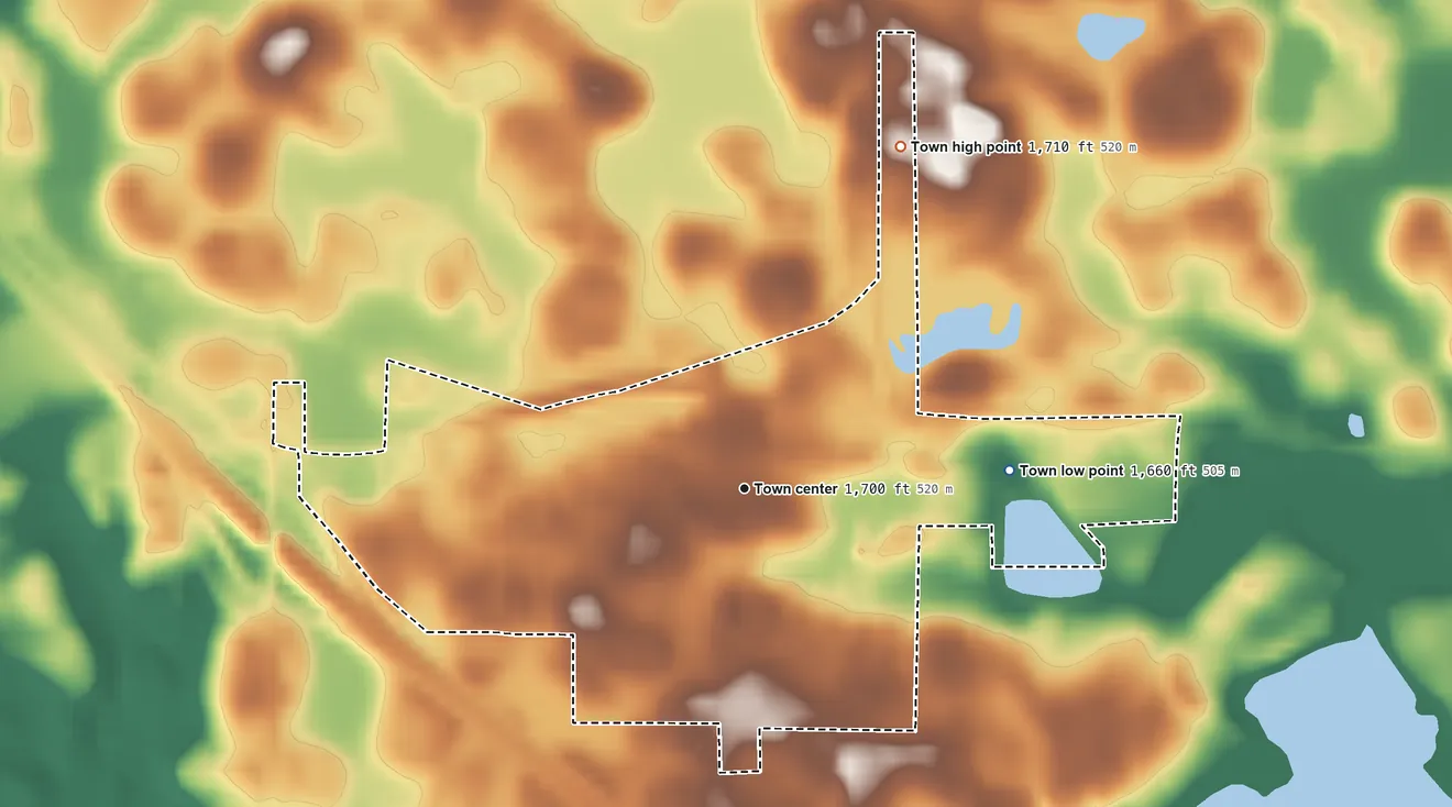 Topographic elevation map of Humboldt, South Dakota, shaded from 1,660 ft on the east side to 1,710 ft on the northeast side