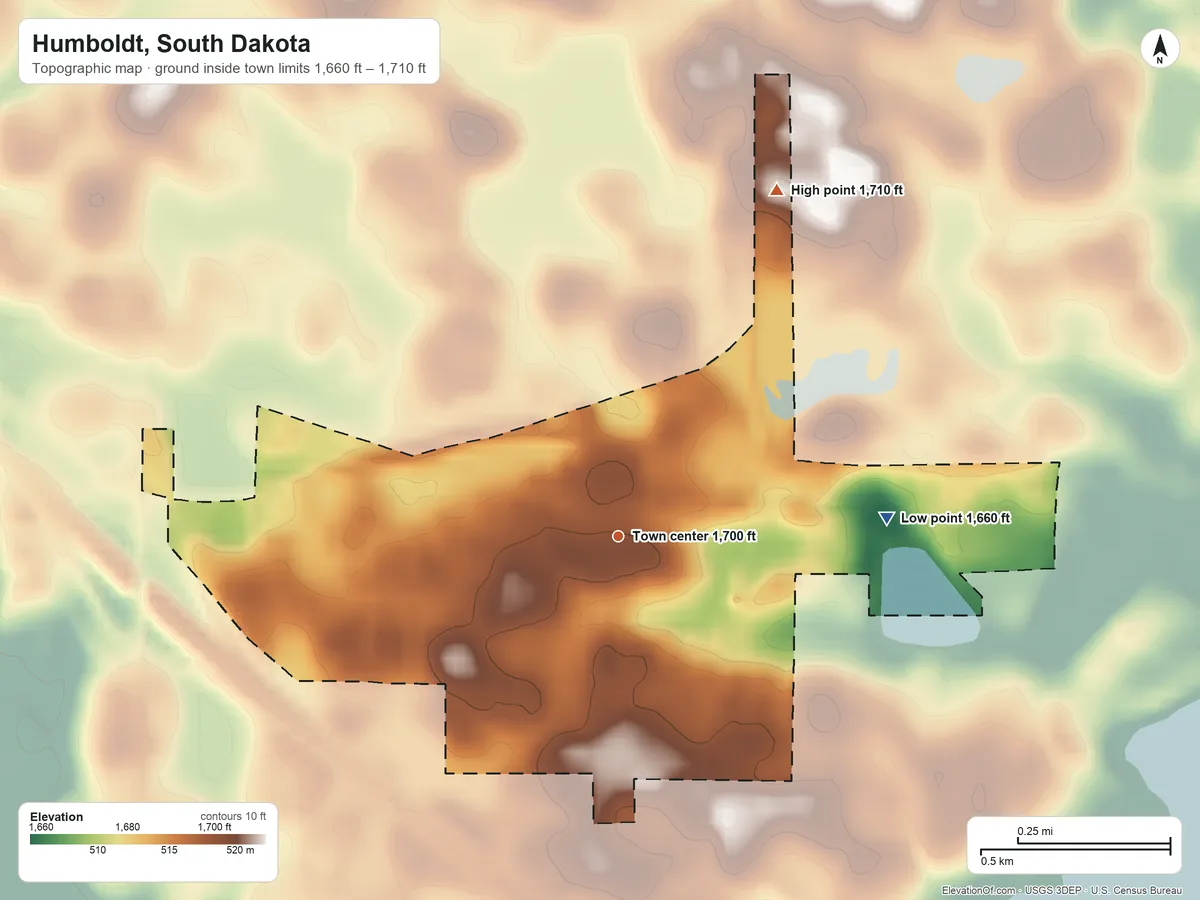 Topographic elevation map of Humboldt, South Dakota, shaded from 1,660 ft on the east side to 1,710 ft on the northeast side