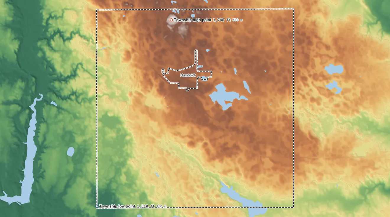 Topographic elevation map of Humboldt Township, South Dakota, shaded from 1,510 ft on the southwest side to 1,740 ft on the north side
