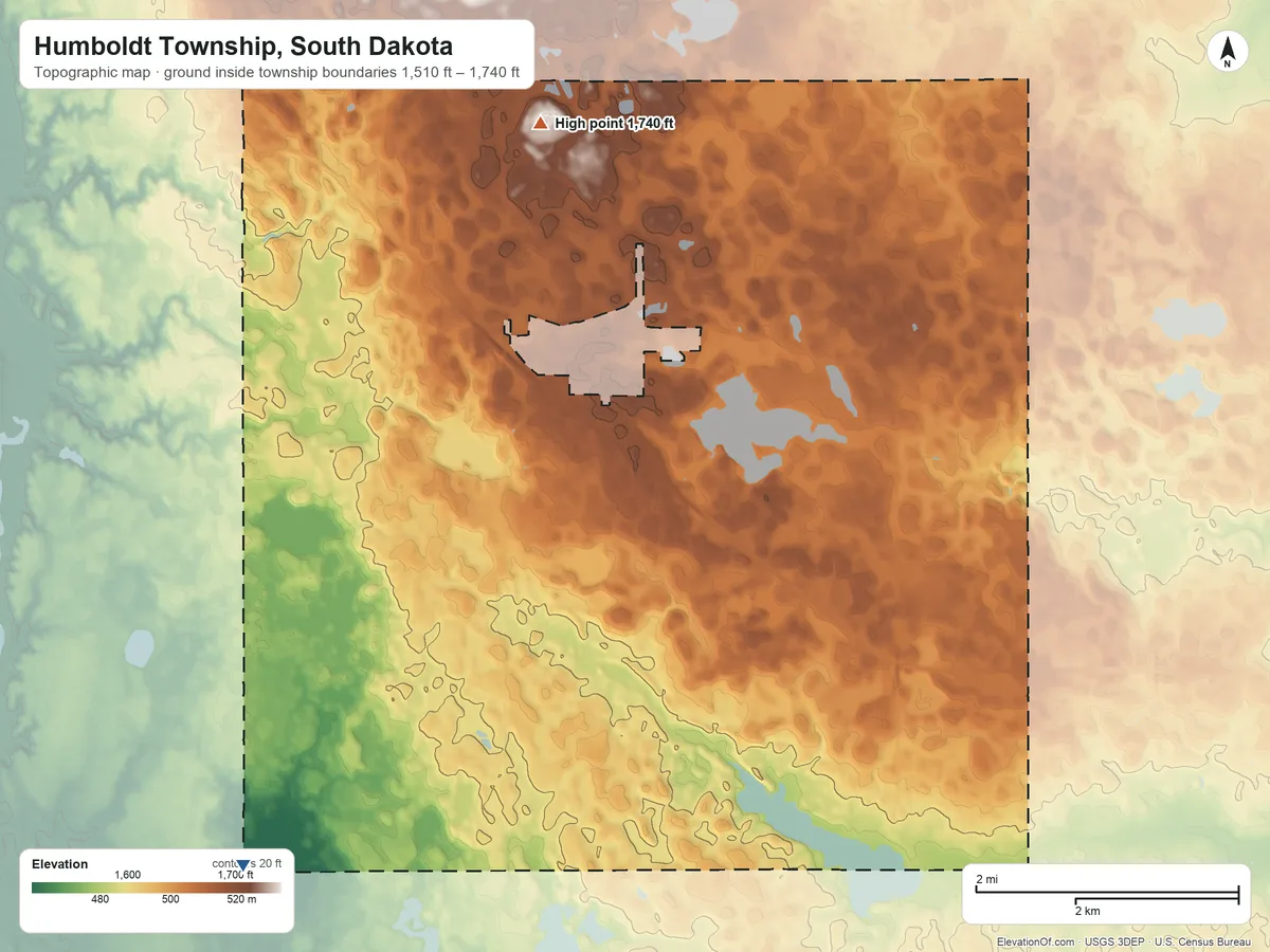 Topographic elevation map of Humboldt Township, South Dakota, shaded from 1,510 ft on the southwest side to 1,740 ft on the north side