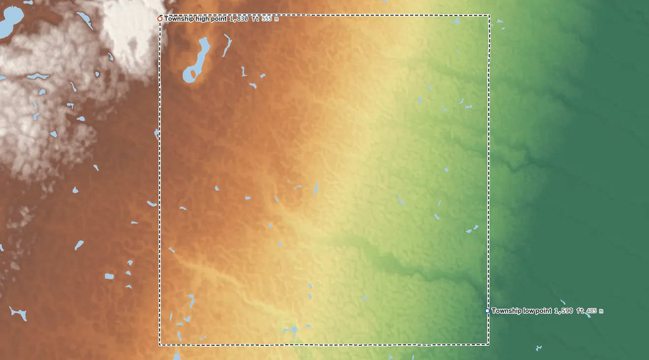 Topographic elevation map of Huntley Township, South Dakota, shaded from 1,590 ft on the southeast side to 1,830 ft on the northwest side