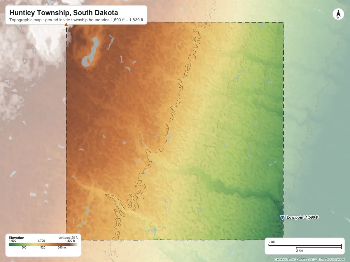 Topographic elevation map of Huntley Township, South Dakota, shaded from 1,590 ft on the southeast side to 1,830 ft on the northwest side
