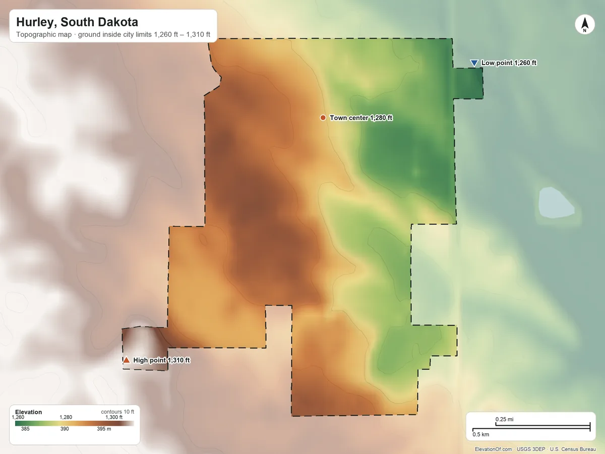Topographic elevation map of Hurley, South Dakota, shaded from 1,260 ft on the east side to 1,310 ft on the southwest side