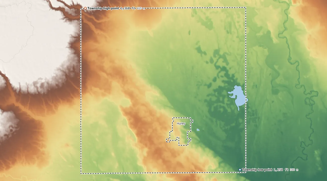 Topographic elevation map of Hurley Township, South Dakota, shaded from 1,250 ft on the southeast side to 1,360 ft on the northwest side