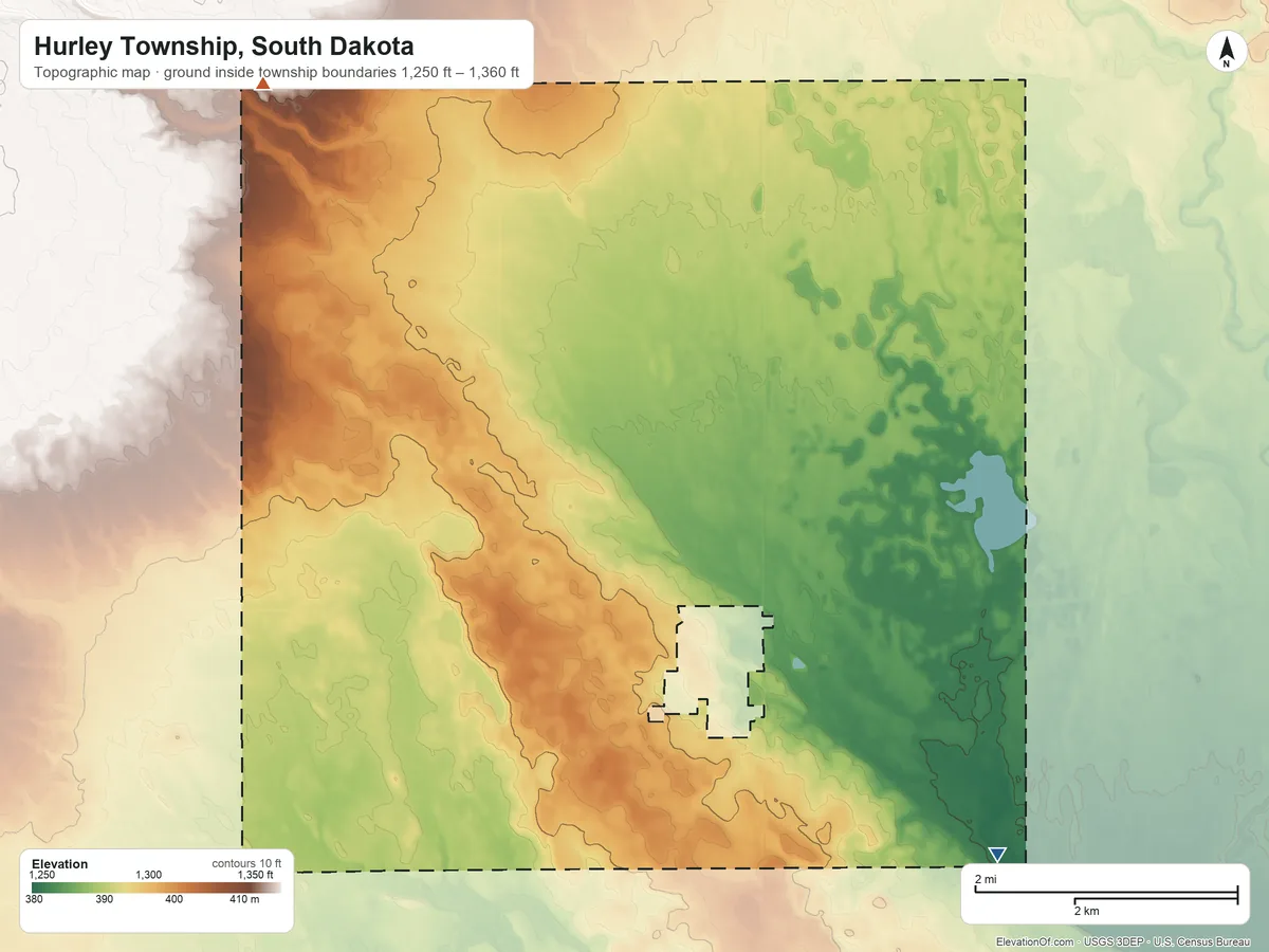 Topographic elevation map of Hurley Township, South Dakota, shaded from 1,250 ft on the southeast side to 1,360 ft on the northwest side