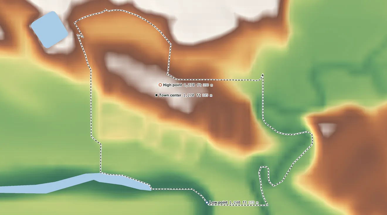 Topographic elevation map of Huron Colony, South Dakota, shaded from 1,240 ft on the southeast side to 1,270 ft near the middle