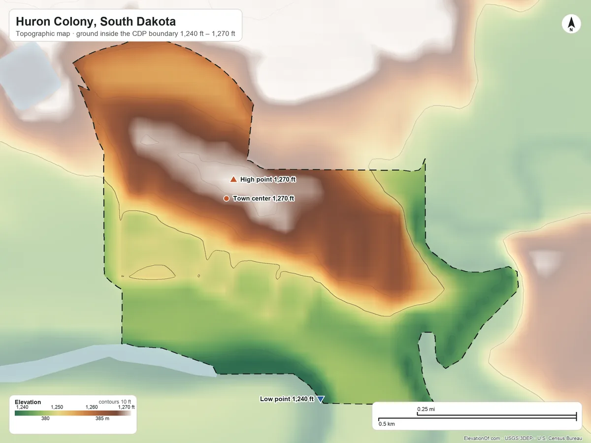 Topographic elevation map of Huron Colony, South Dakota, shaded from 1,240 ft on the southeast side to 1,270 ft near the middle