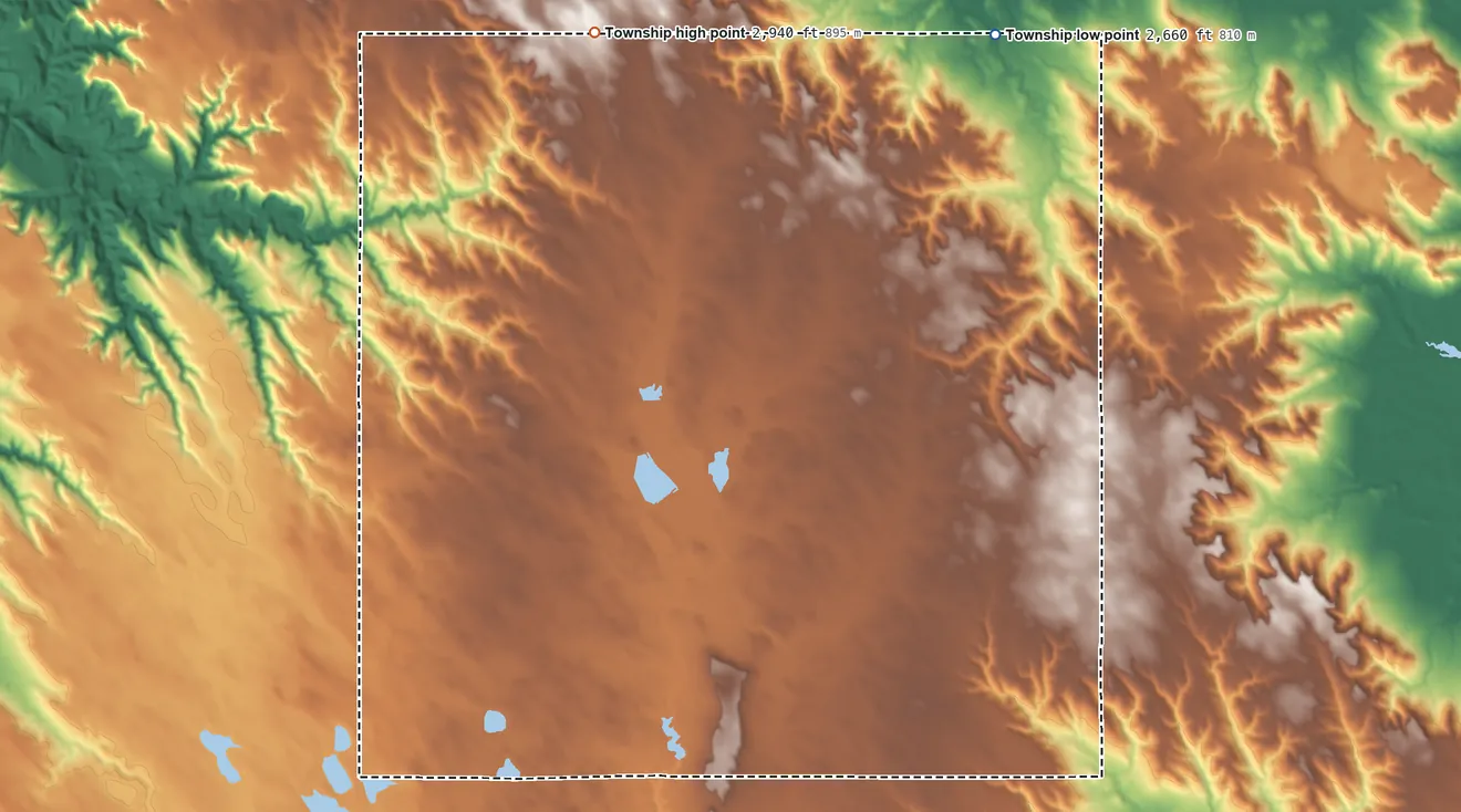 Topographic elevation map of Huron Township, South Dakota, shaded from 2,660 ft on the northeast side to 2,940 ft on the north side