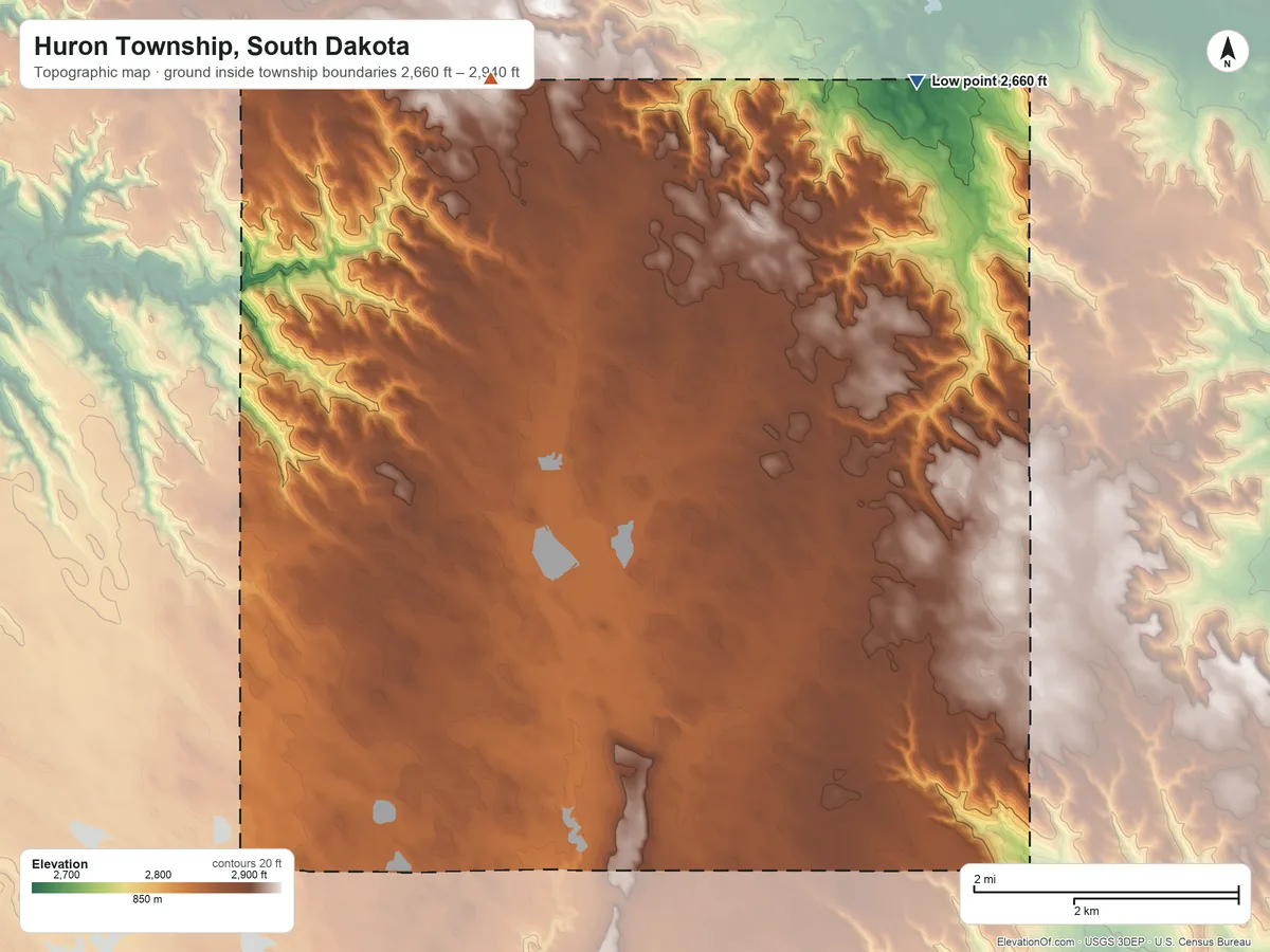 Topographic elevation map of Huron Township, South Dakota, shaded from 2,660 ft on the northeast side to 2,940 ft on the north side