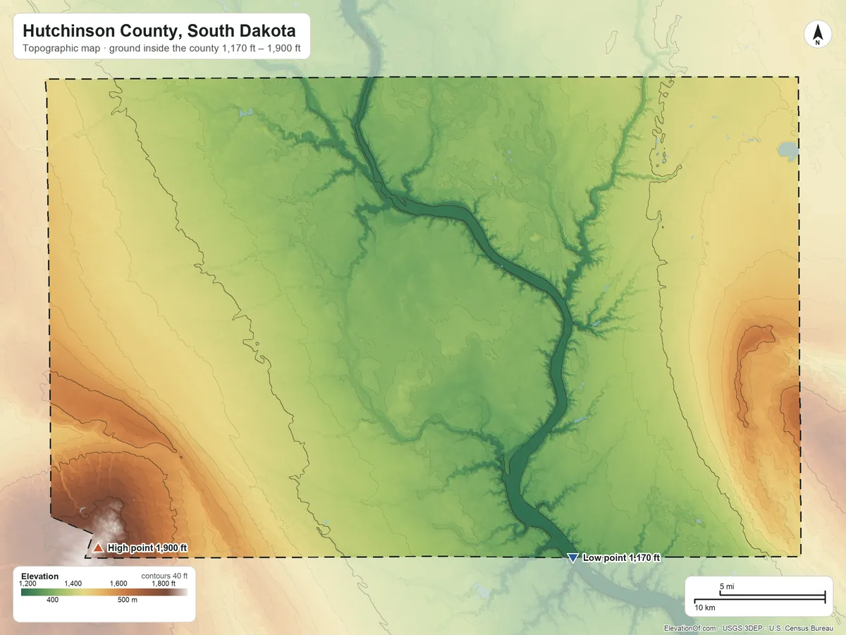 Topographic elevation map of Hutchinson County, South Dakota, shaded from 1,170 ft on the southeast side to 1,900 ft on the southwest side