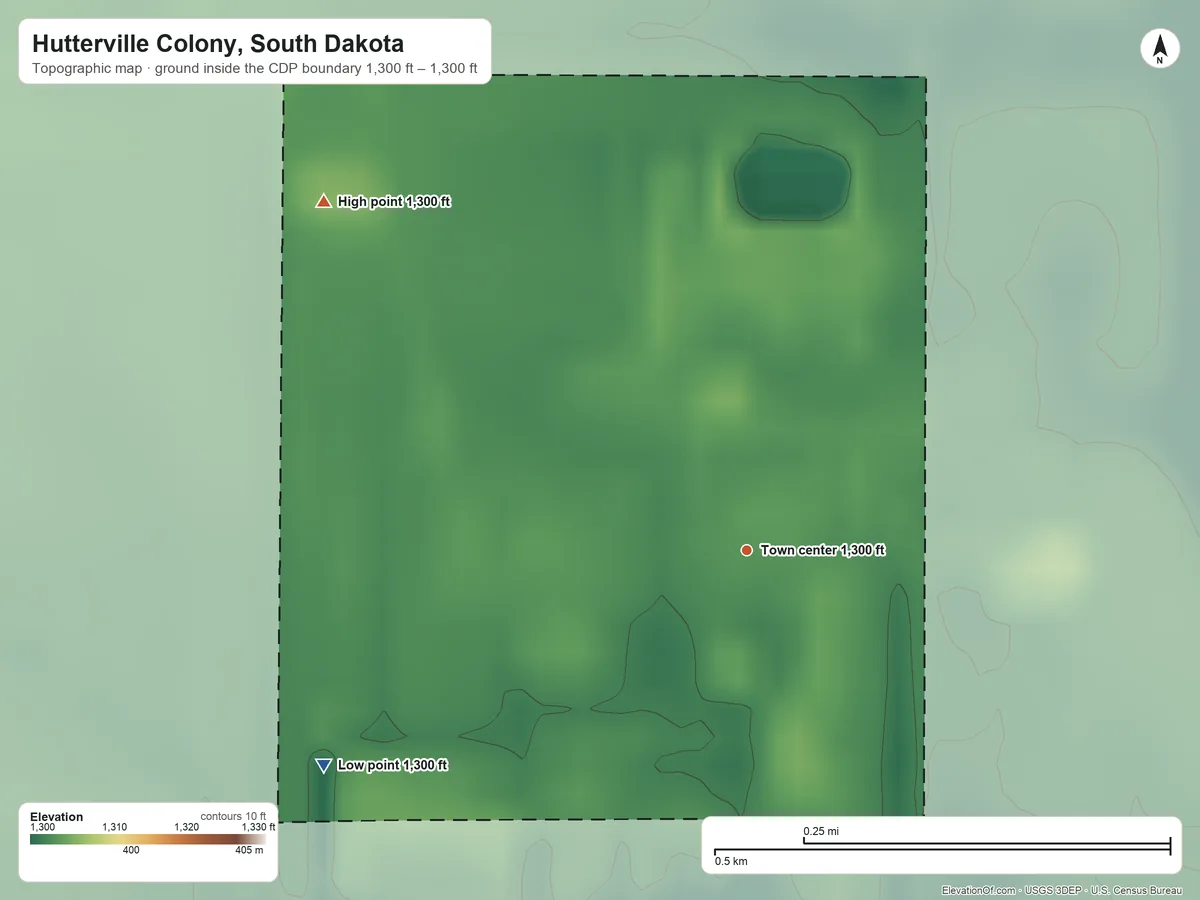 Topographic elevation map of Hutterville Colony, South Dakota, shaded from 1,300 ft on the southwest side to 1,300 ft on the northwest side