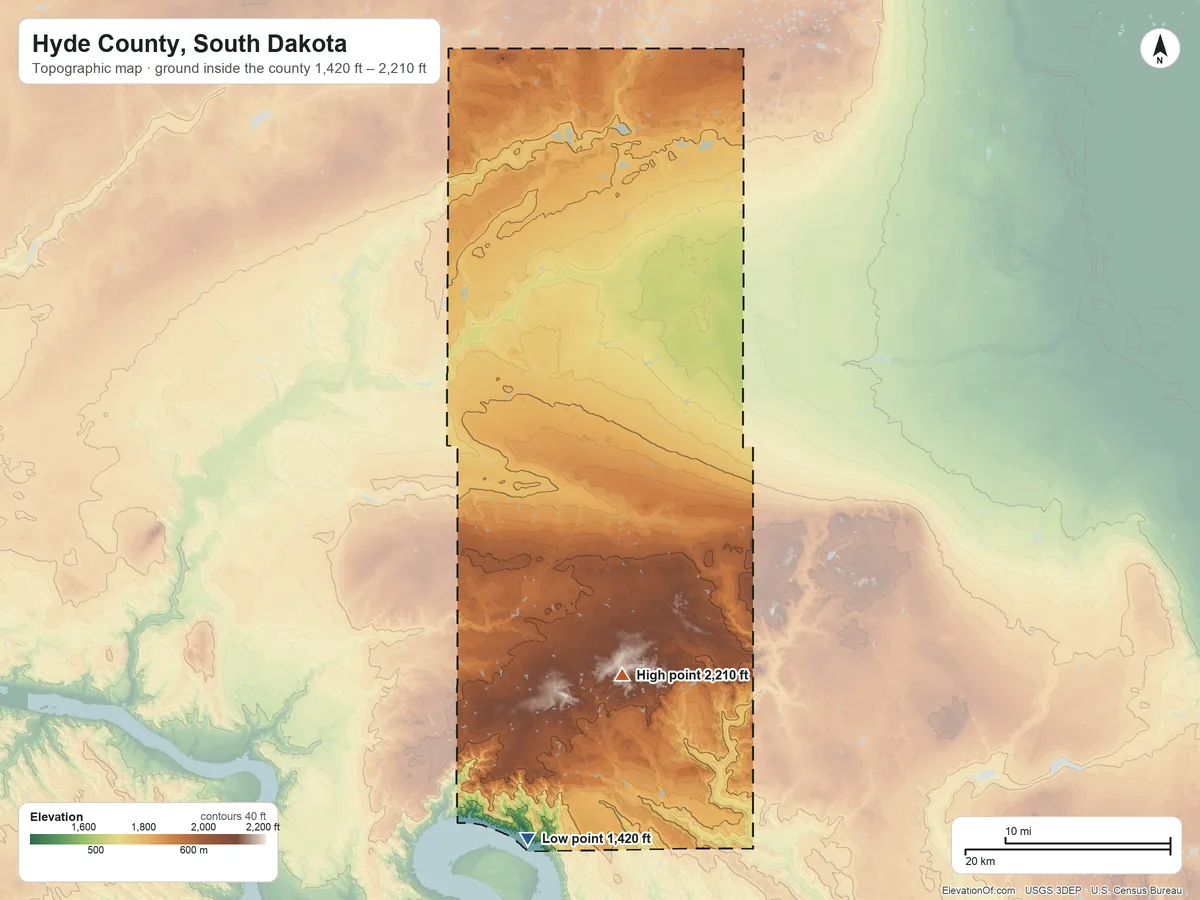 Topographic elevation map of Hyde County, South Dakota, shaded from 1,420 ft on the south side to 2,210 ft on the south side