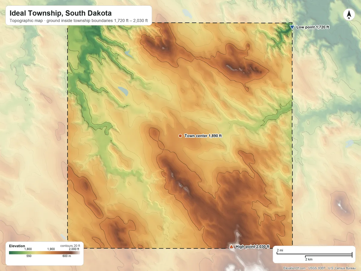 Topographic elevation map of Ideal Township, South Dakota, shaded from 1,720 ft on the northeast side to 2,030 ft on the southeast side