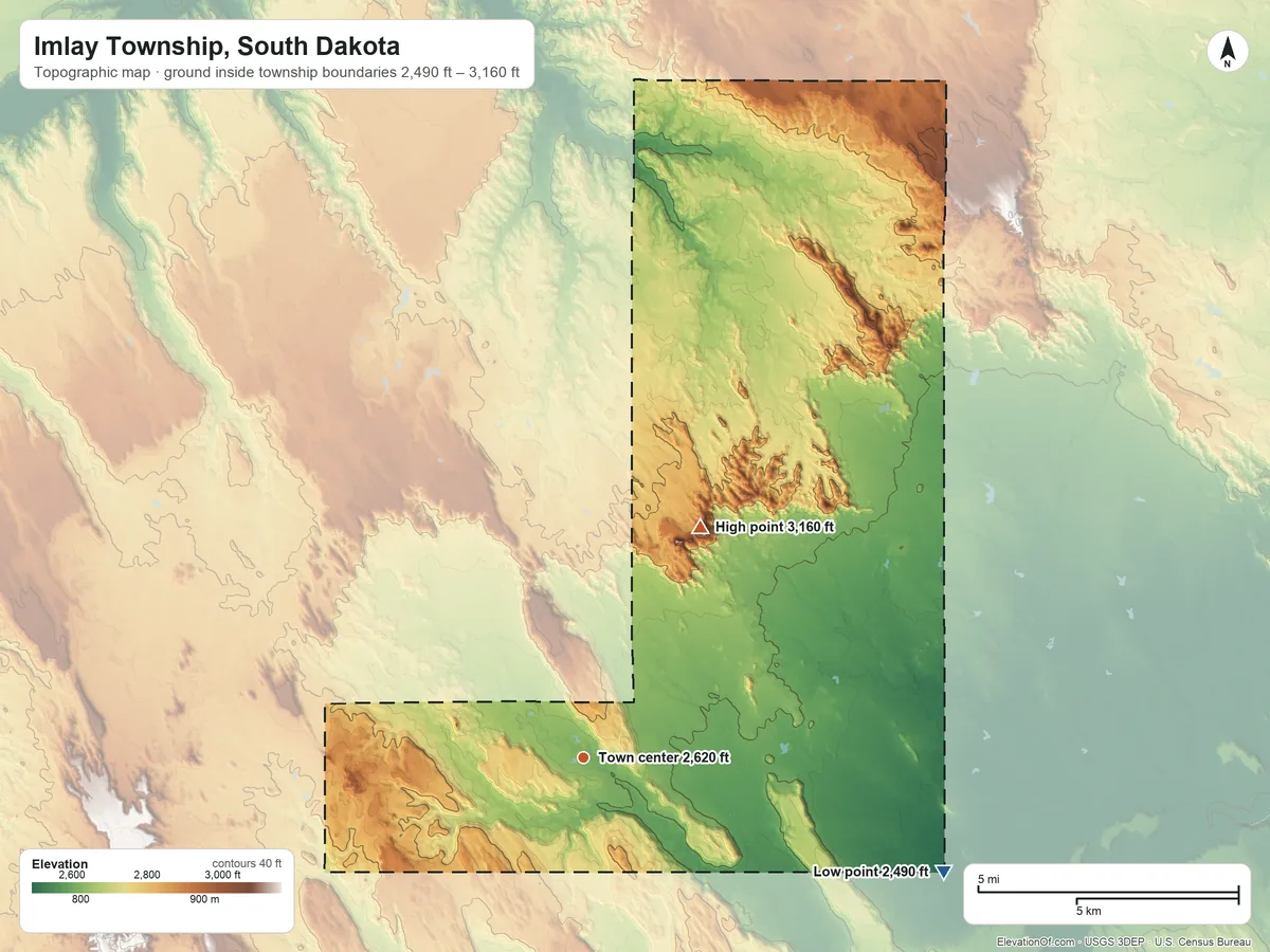 Topographic elevation map of Imlay Township, South Dakota, shaded from 2,490 ft on the east side to 3,160 ft on the northeast side