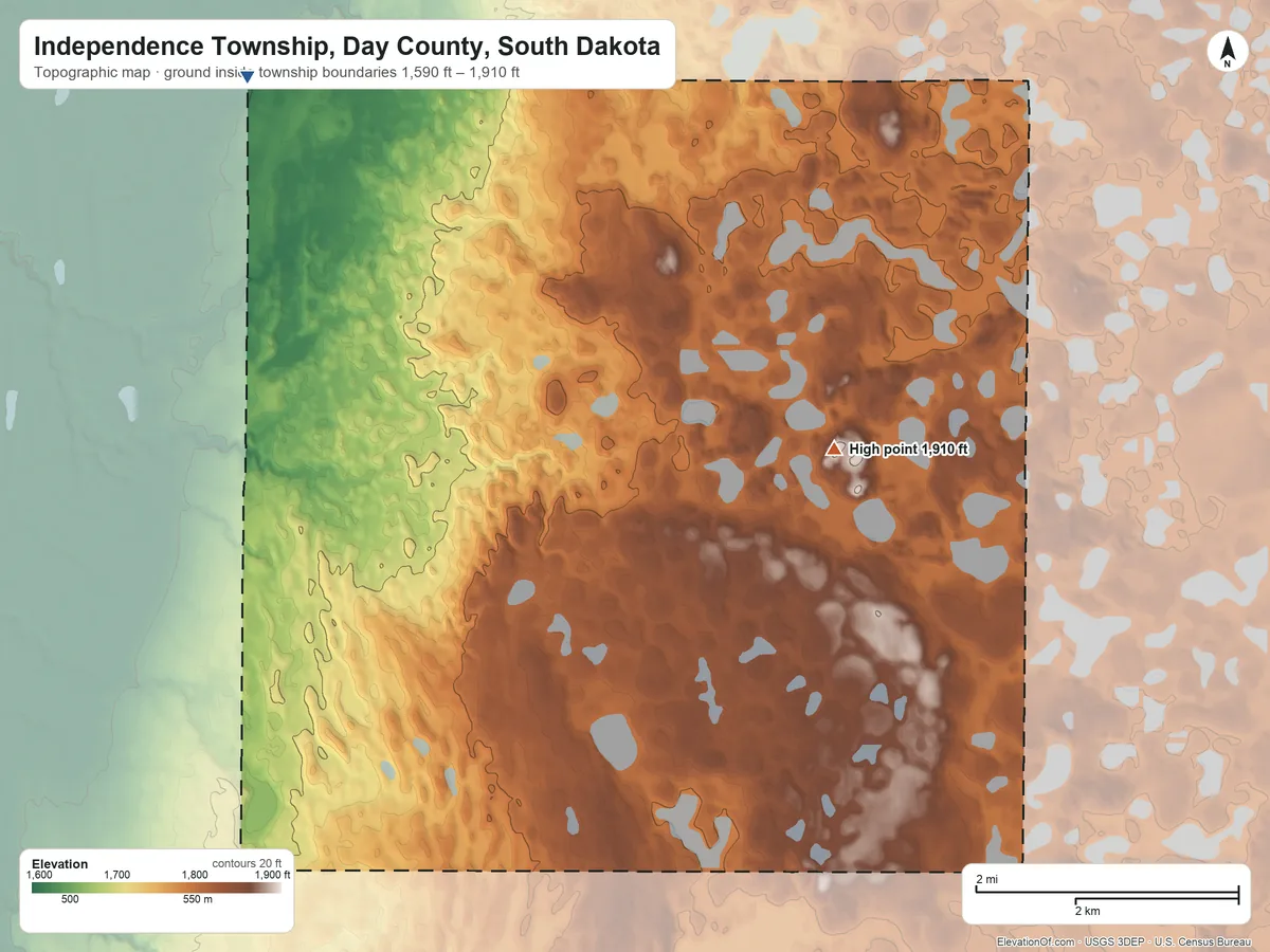 Topographic elevation map of Independence Township, Day County, South Dakota, shaded from 1,590 ft on the northwest side to 1,910 ft on the northeast side