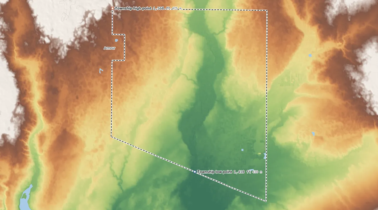 Topographic elevation map of Independence Township, South Dakota, shaded from 1,410 ft on the south side to 1,560 ft on the northwest side