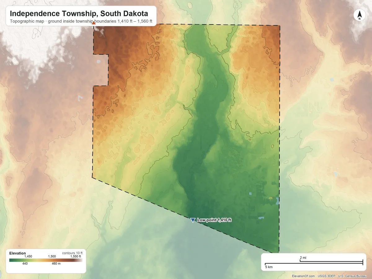 Topographic elevation map of Independence Township, South Dakota, shaded from 1,410 ft on the south side to 1,560 ft on the northwest side