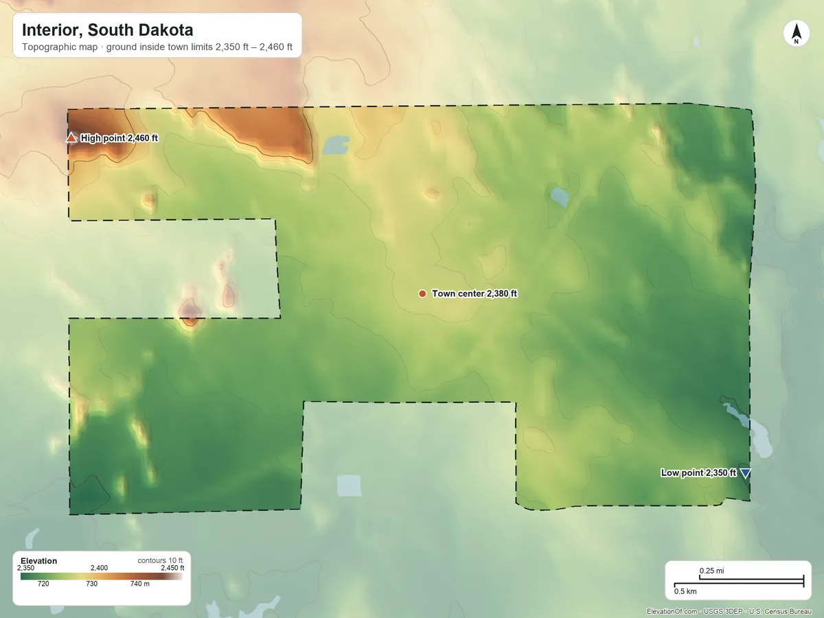 Topographic elevation map of Interior, South Dakota, shaded from 2,350 ft on the southeast side to 2,460 ft on the northwest side