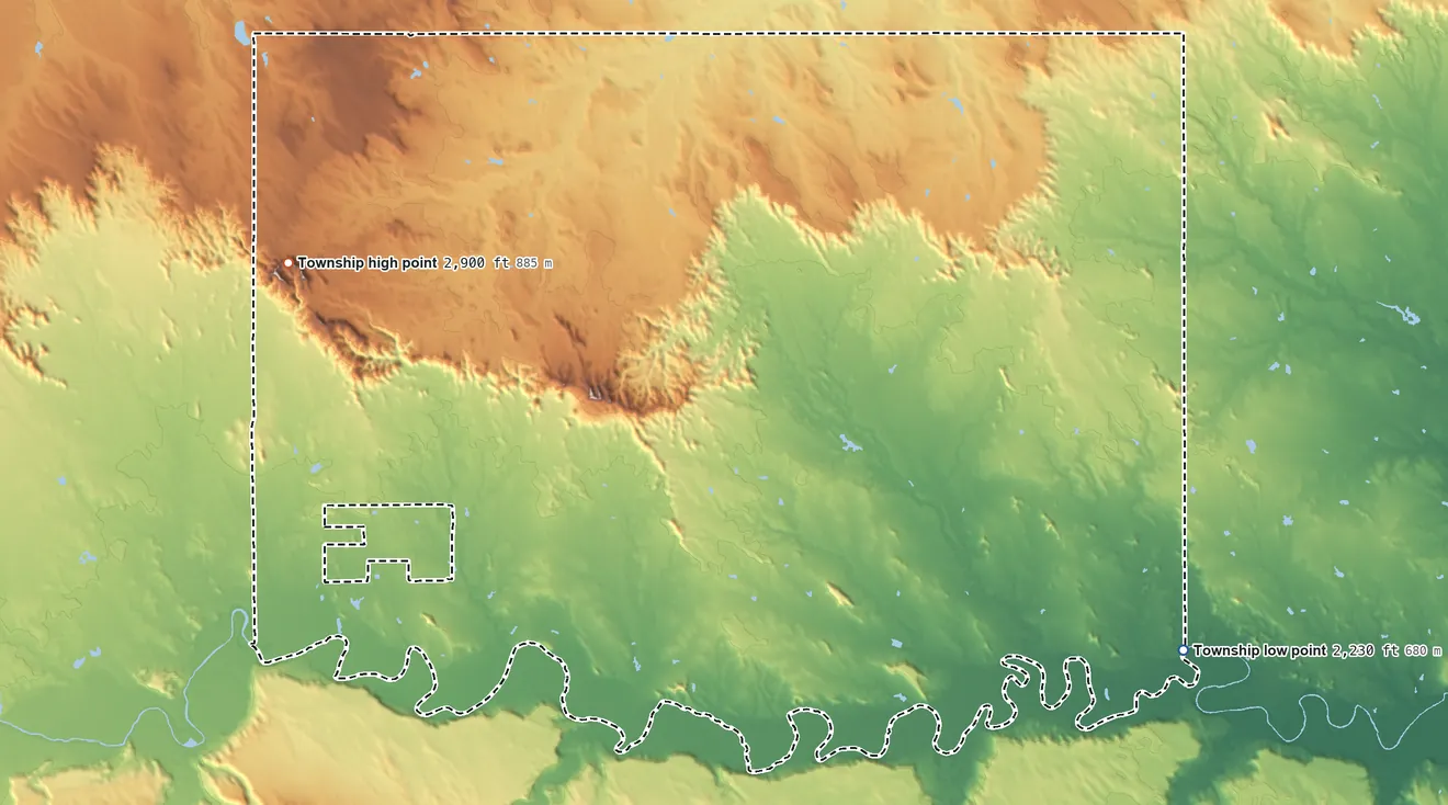Topographic elevation map of Interior Township, South Dakota, shaded from 2,230 ft on the southeast side to 2,900 ft on the west side