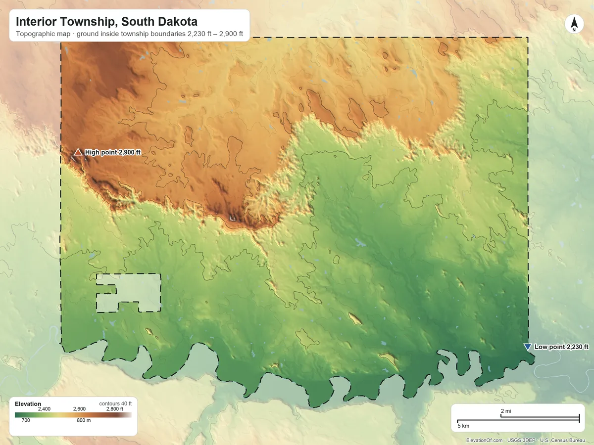 Topographic elevation map of Interior Township, South Dakota, shaded from 2,230 ft on the southeast side to 2,900 ft on the west side