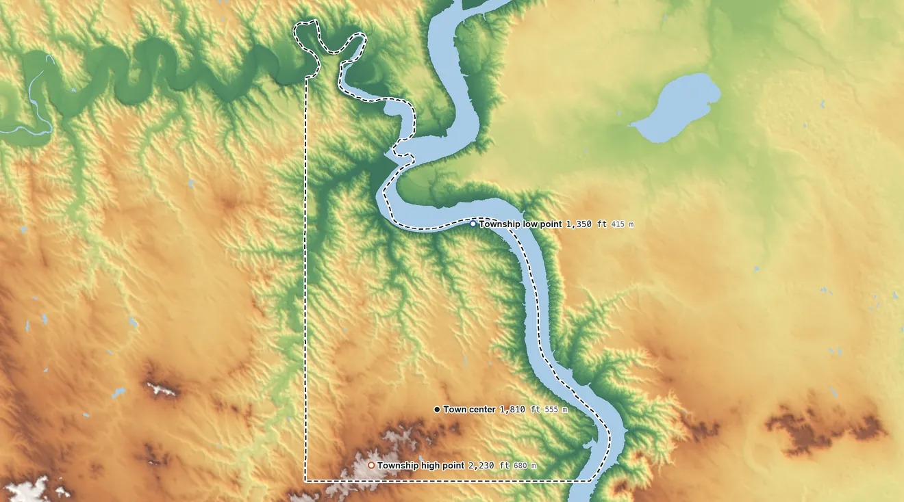 Topographic elevation map of Iona Township, South Dakota, shaded from 1,350 ft on the north side to 2,230 ft on the southwest side