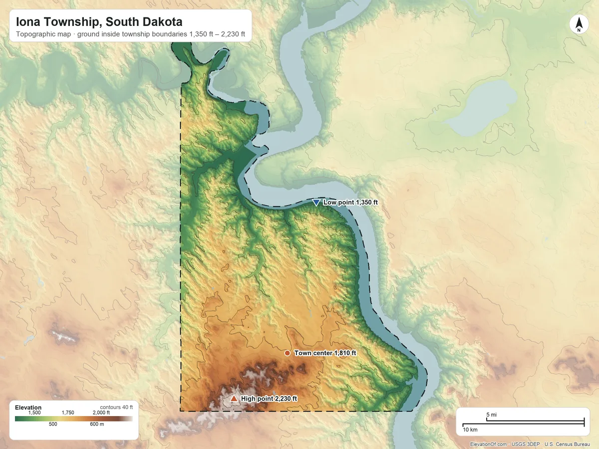 Topographic elevation map of Iona Township, South Dakota, shaded from 1,350 ft on the north side to 2,230 ft on the southwest side