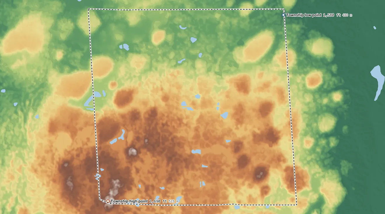 Topographic elevation map of Iowa Township, Douglas County, South Dakota, shaded from 1,580 ft on the northeast side to 1,690 ft on the southwest side