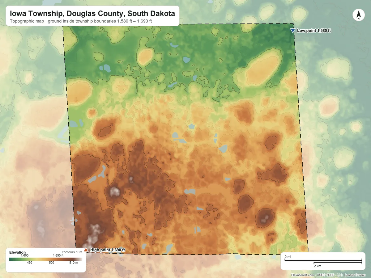 Topographic elevation map of Iowa Township, Douglas County, South Dakota, shaded from 1,580 ft on the northeast side to 1,690 ft on the southwest side