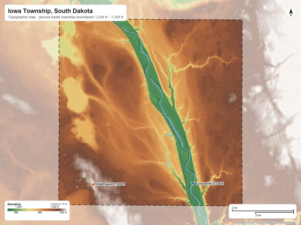 Topographic elevation map of Iowa Township, South Dakota, shaded from 1,230 ft on the southeast side to 1,320 ft on the west side