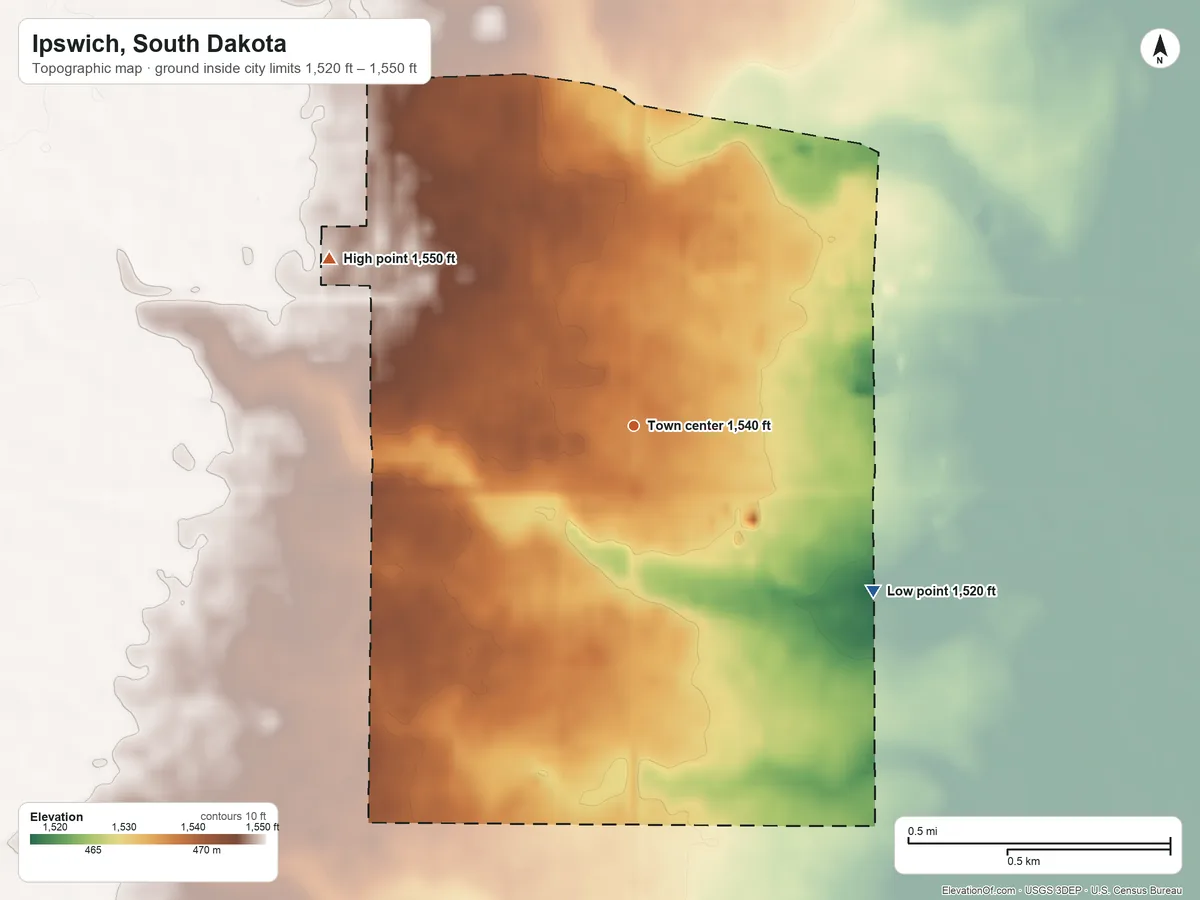 Topographic elevation map of Ipswich, South Dakota, shaded from 1,520 ft on the southeast side to 1,550 ft on the northwest side