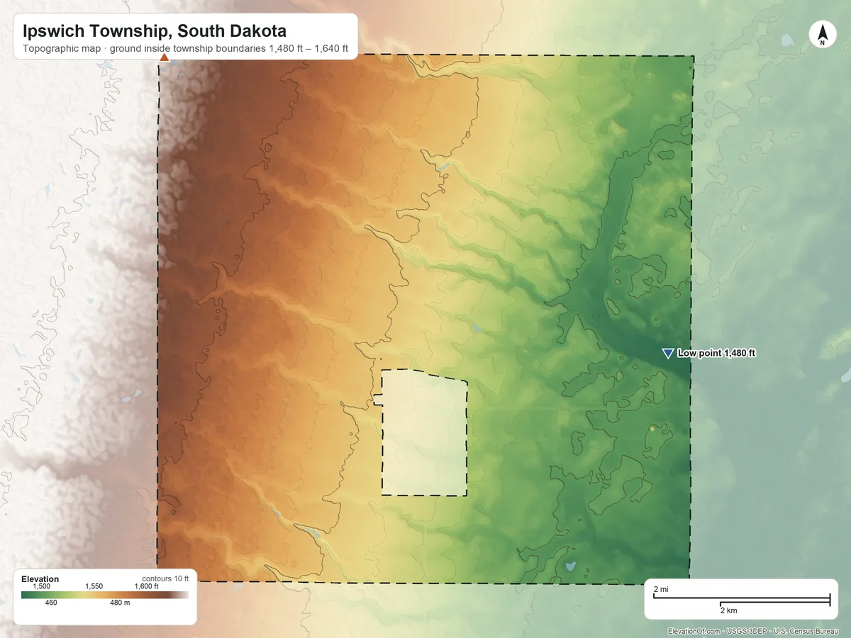 Topographic elevation map of Ipswich Township, South Dakota, shaded from 1,480 ft on the east side to 1,640 ft on the northwest side