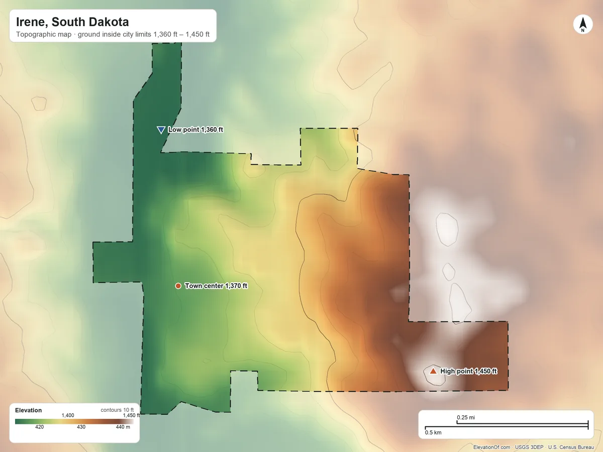 Topographic elevation map of Irene, South Dakota, shaded from 1,360 ft on the north side to 1,450 ft on the east side
