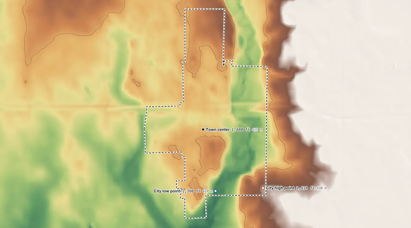 Topographic elevation map of Iroquois, South Dakota, shaded from 1,380 ft on the south side to 1,410 ft on the southeast side