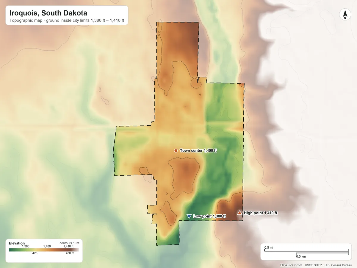 Topographic elevation map of Iroquois, South Dakota, shaded from 1,380 ft on the south side to 1,410 ft on the southeast side