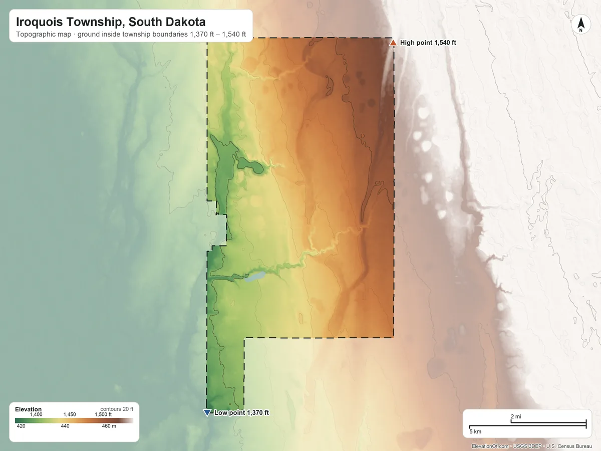 Topographic elevation map of Iroquois Township, South Dakota, shaded from 1,370 ft on the southwest side to 1,540 ft on the northeast side