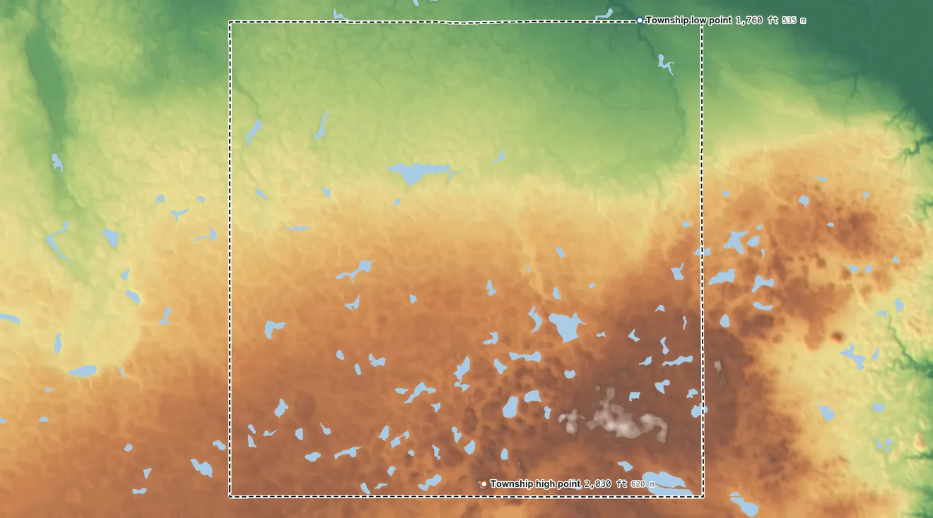 Topographic elevation map of Irving Township, South Dakota, shaded from 1,760 ft on the north side to 2,030 ft on Waters Hill