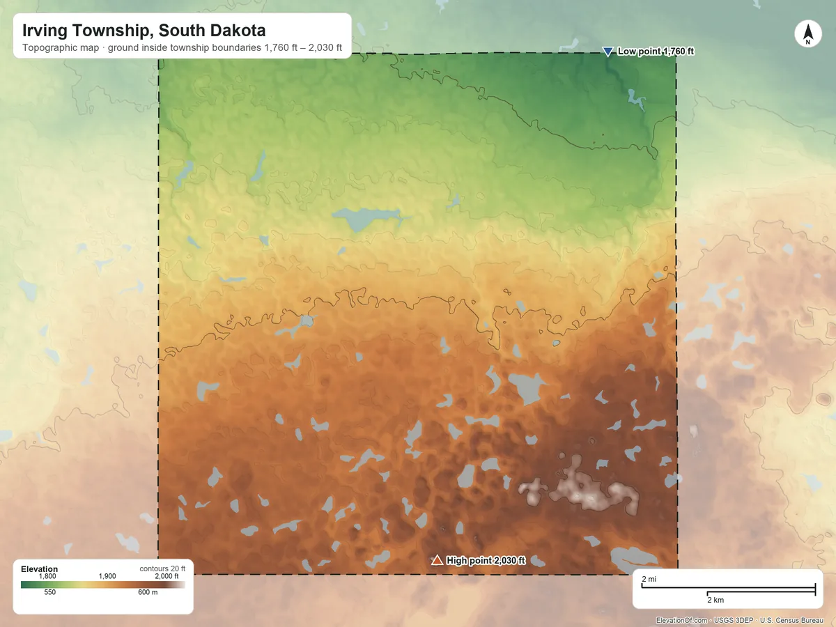 Topographic elevation map of Irving Township, South Dakota, shaded from 1,760 ft on the north side to 2,030 ft on Waters Hill