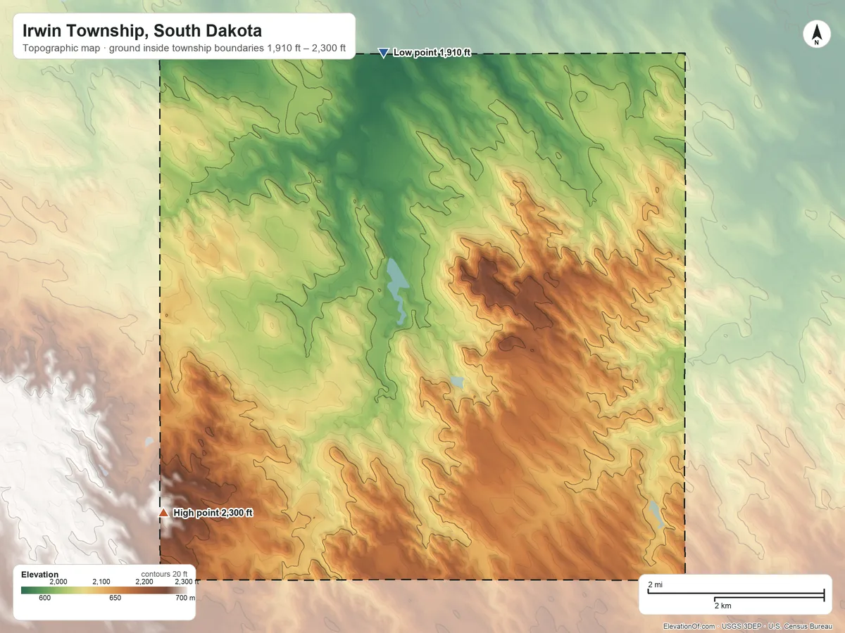 Topographic elevation map of Irwin Township, South Dakota, shaded from 1,910 ft on the northeast side to 2,300 ft on the south side