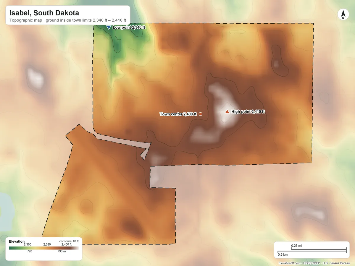 Topographic elevation map of Isabel, South Dakota, shaded from 2,340 ft on the northwest side to 2,410 ft near the middle