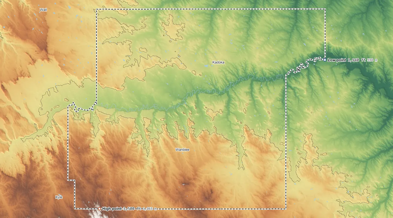 Topographic elevation map of Jackson County, South Dakota, shaded from 1,940 ft on the east side to 3,500 ft on the southwest side