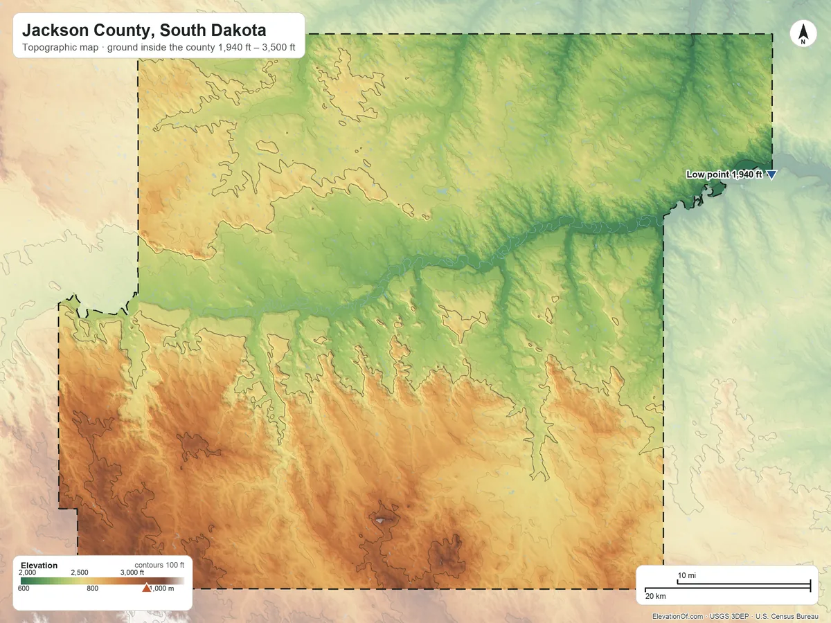 Topographic elevation map of Jackson County, South Dakota, shaded from 1,940 ft on the east side to 3,500 ft on the southwest side