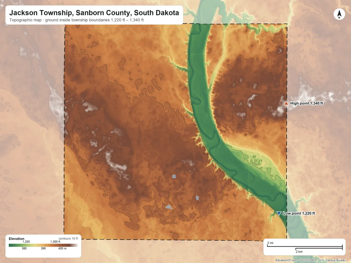 Topographic elevation map of Jackson Township, Sanborn County, South Dakota, shaded from 1,220 ft on the southeast side to 1,340 ft on the east side