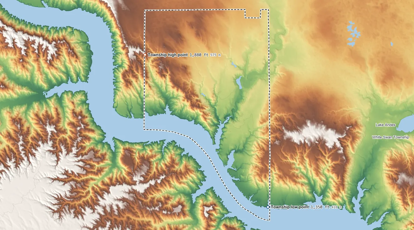 Topographic elevation map of Jackson Township, South Dakota, shaded from 1,350 ft on the south side to 1,880 ft on the west side