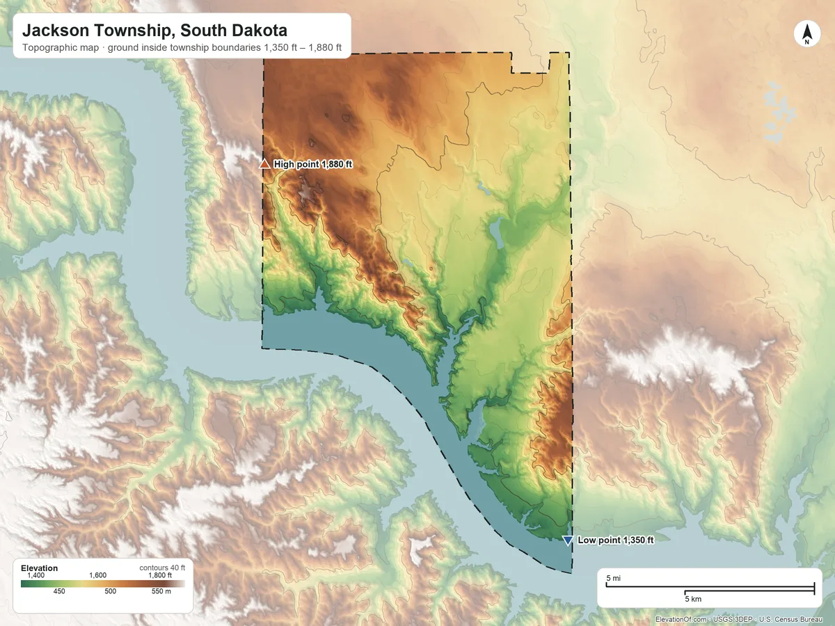 Topographic elevation map of Jackson Township, South Dakota, shaded from 1,350 ft on the south side to 1,880 ft on the west side